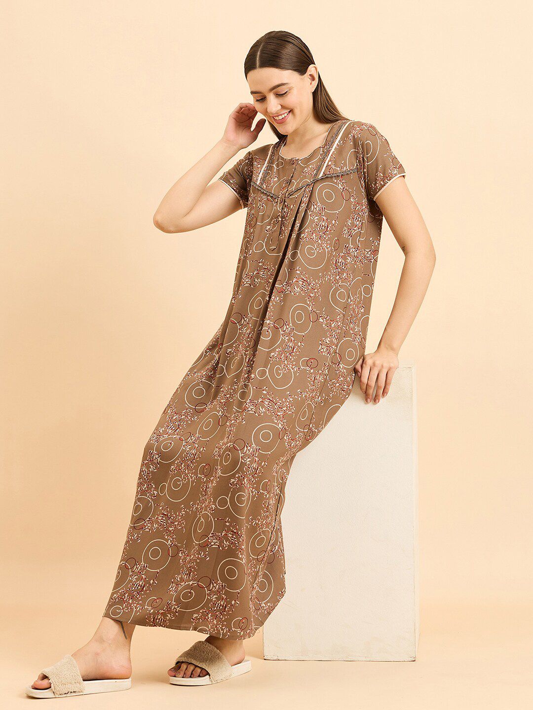 Sweet Dreams Brown Pure Cotton Printed Maxi Nightdress