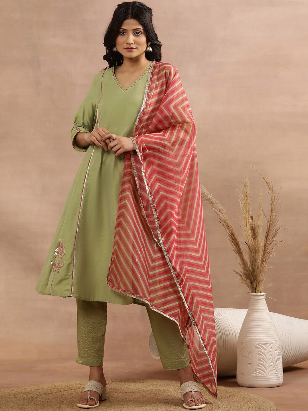 W Women Regular Sequinned Kurta with Trousers & With Dupatta