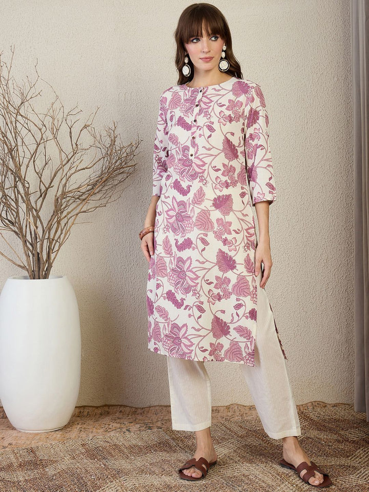 Indo Era Floral Printed Round Neck Straight Kurta