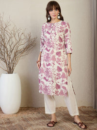 Indo Era Floral Printed Round Neck Straight Kurta