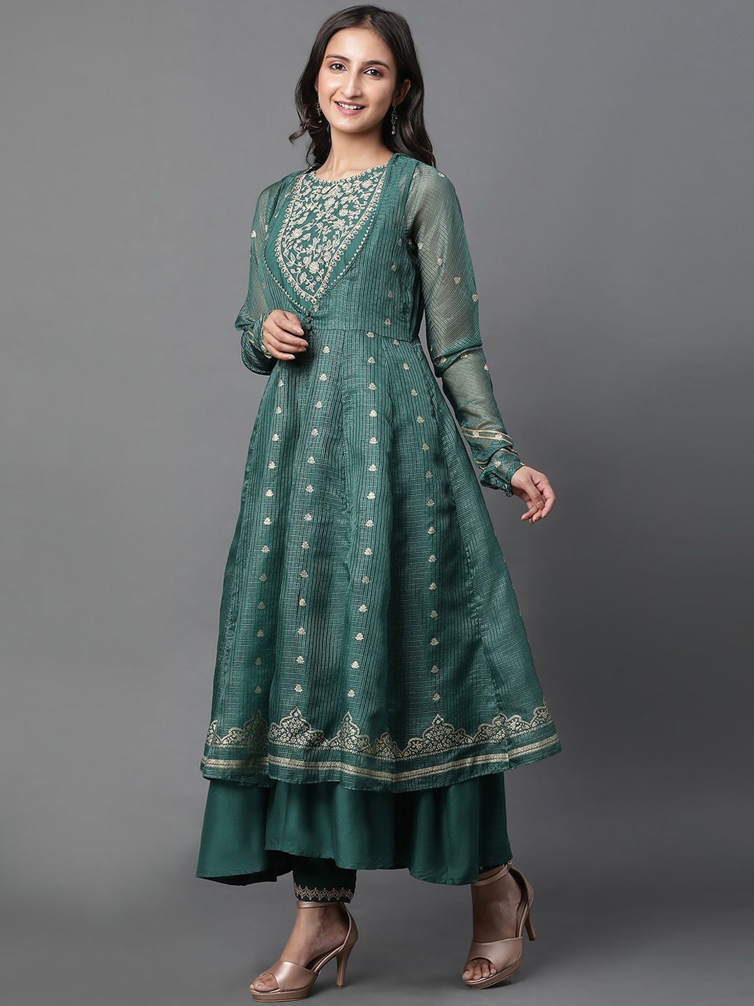 W Floral Embroidered Anarkali Thread Work Kurta With Palazzos