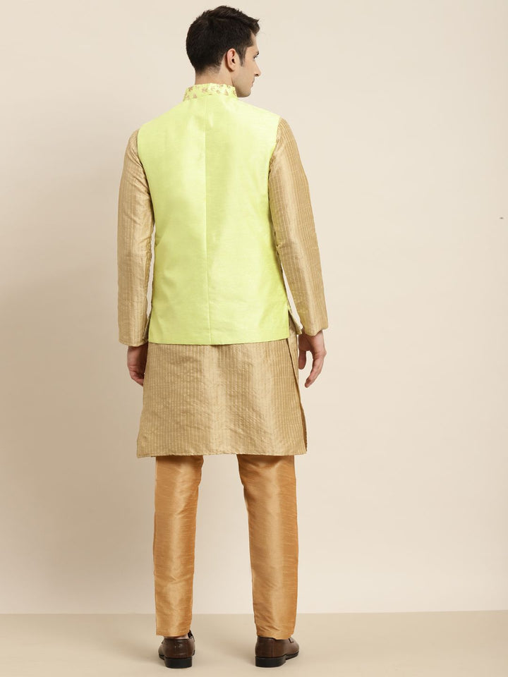 SOJANYA Men Golden & Lime Green Kurta with Churidar & Nehru Jacket