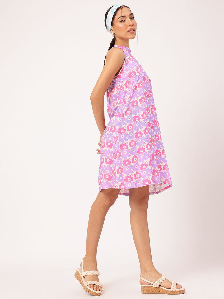 DressBerry Blooming Petal-Printed Cute Fusion Halter Neck Tie Up Dress