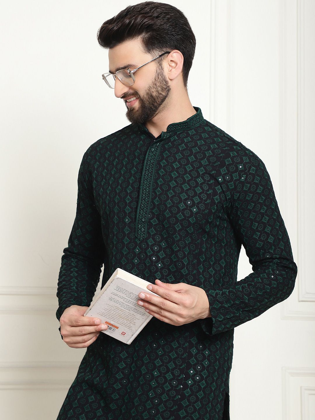 SOJANYA Ethnic Motifs Embroidered Mandarin Collar Sequined Pure Cotton Straight Kurta
