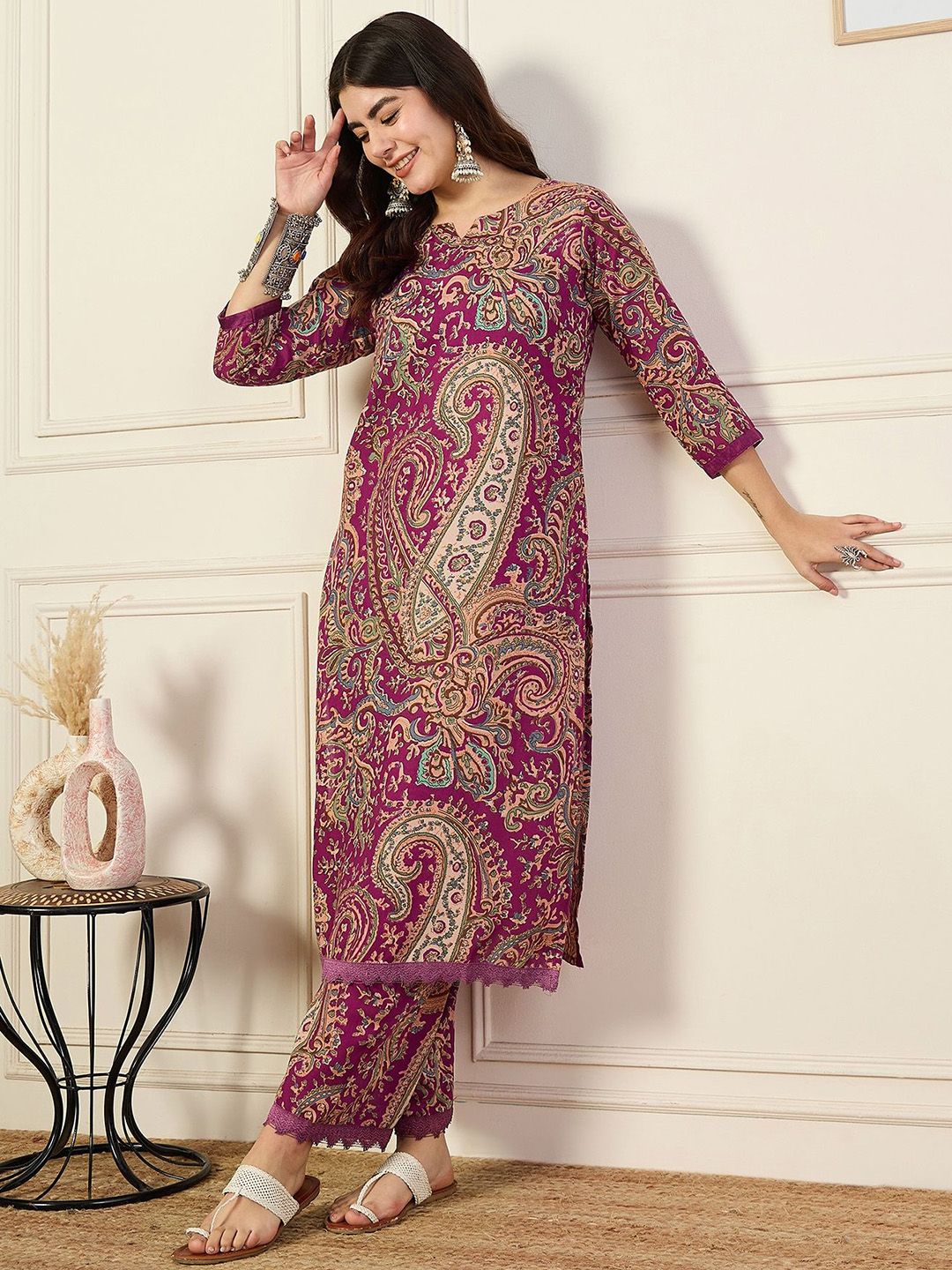 KALINI Notch Neck Paisley Printed Straight Kurta with Trousers