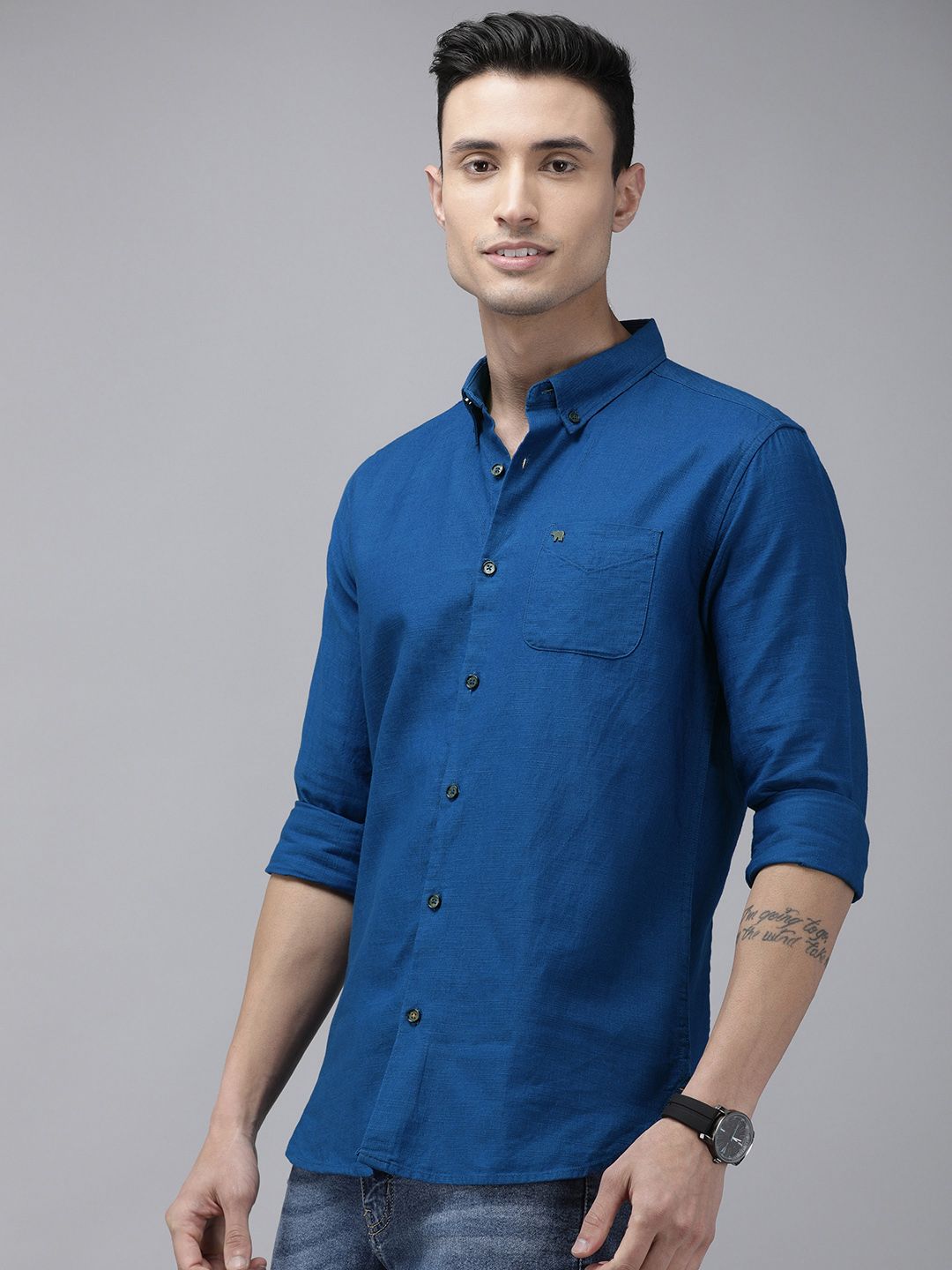 THE BEAR HOUSE Men Blue Solid Cotton Slim Fit Casual Shirt