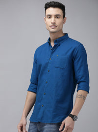 THE BEAR HOUSE Men Blue Solid Cotton Slim Fit Casual Shirt