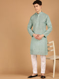 SOJANYA Band Collar Ethnic Motifs Printed Cotton Linen Kurta with Pyjamas