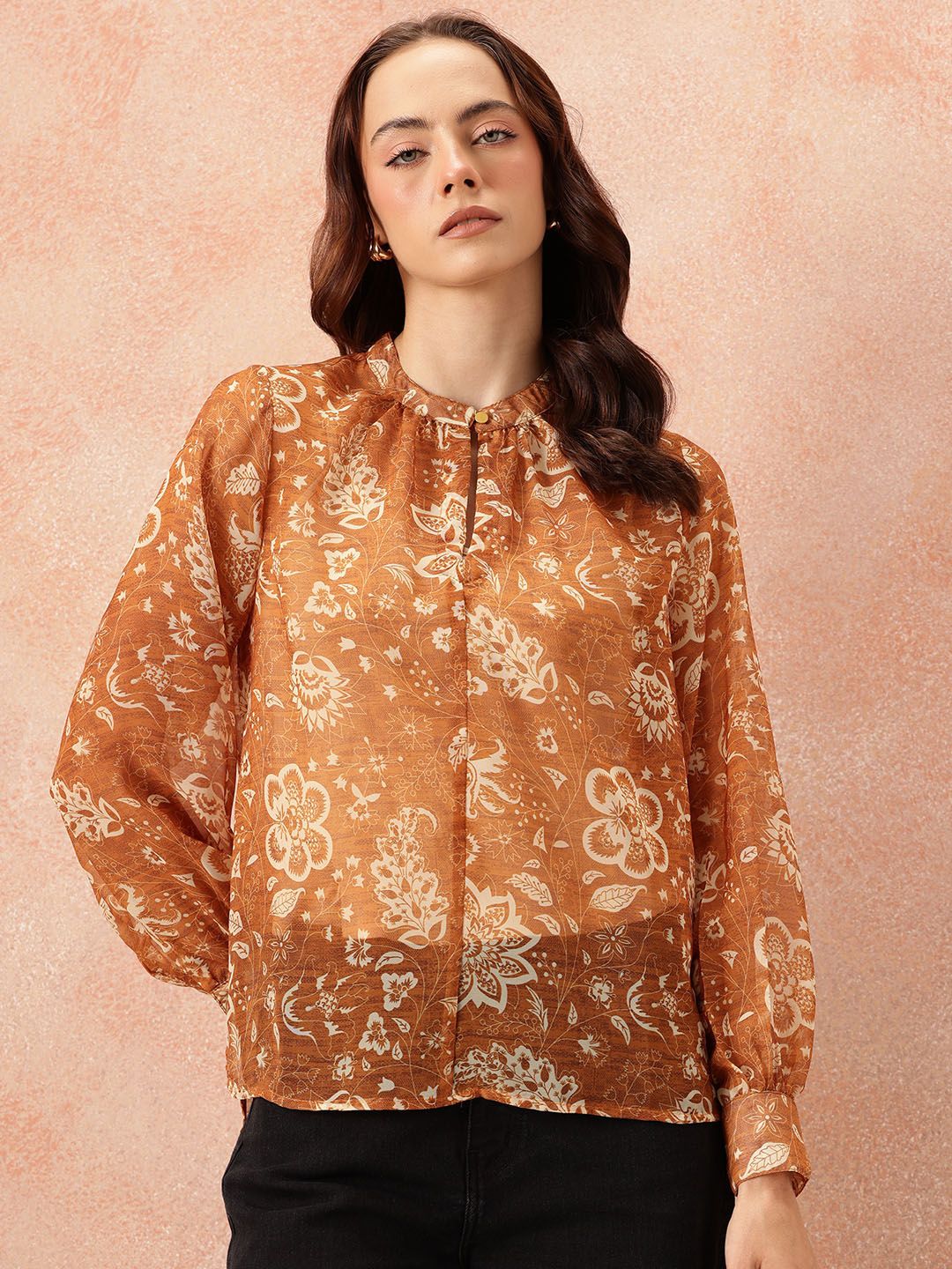 all about you Floral Print Mandarin Collar Chiffon Top