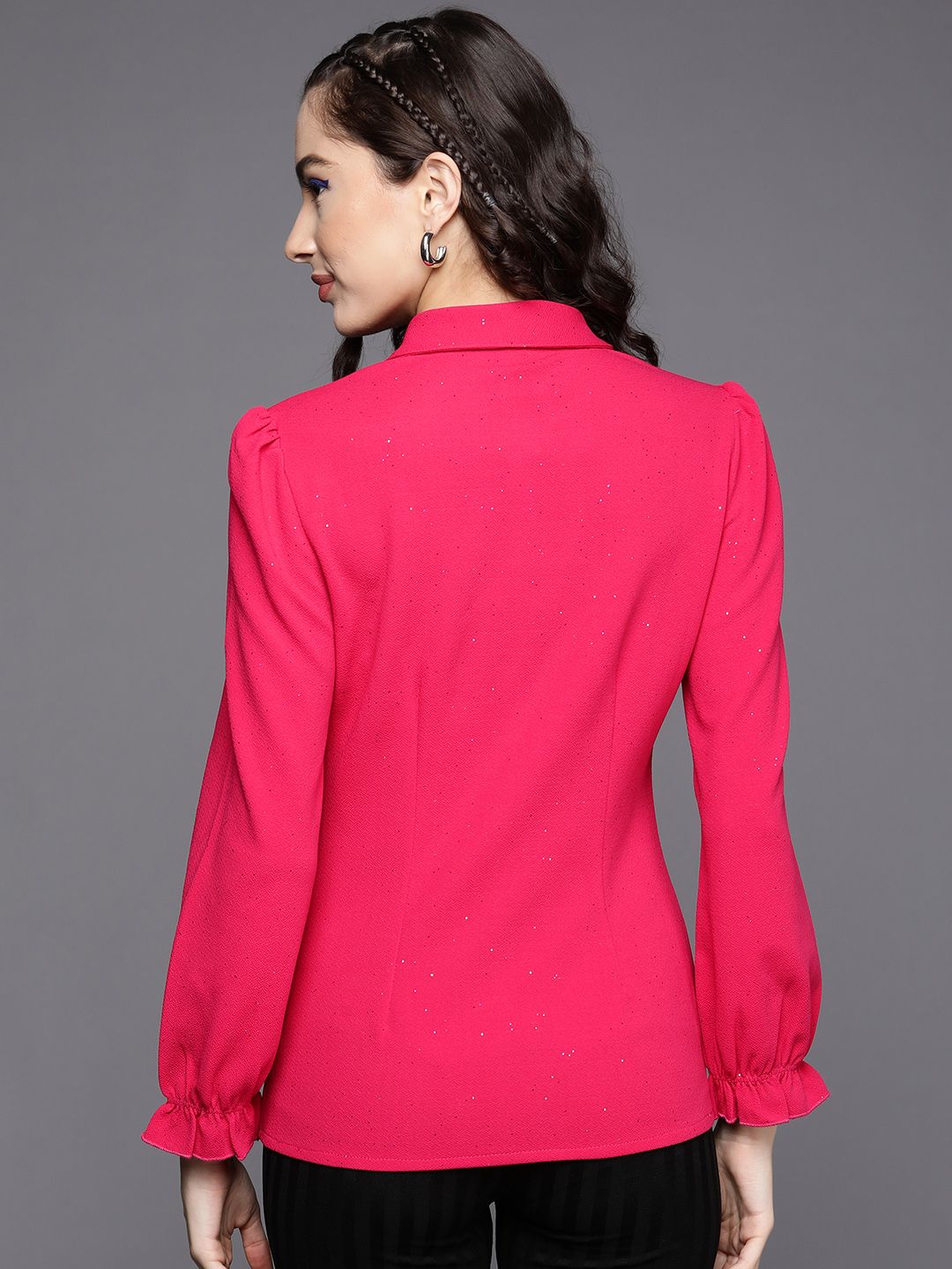 SASSAFRAS Women Fuchsia Pink Shimmer Fitted Ruched Shirt