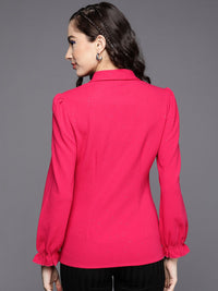 SASSAFRAS Women Fuchsia Pink Shimmer Fitted Ruched Shirt