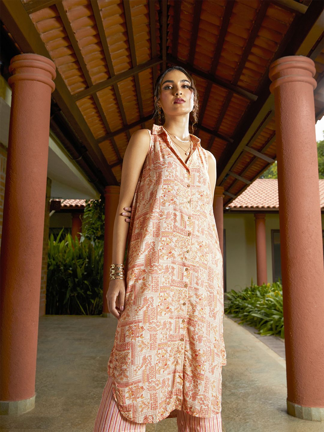 Global Desi Women Cream-Coloured & Pink Printed Kurta with Trousers