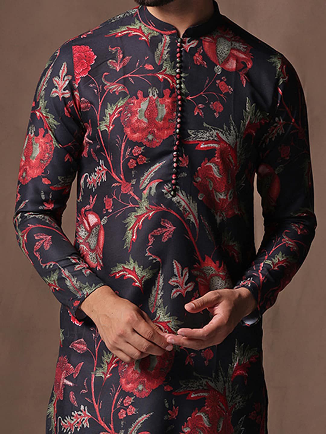 KISAH Men Black Floral Printed Mandarin Collar Regular Kurta With Patiala Set