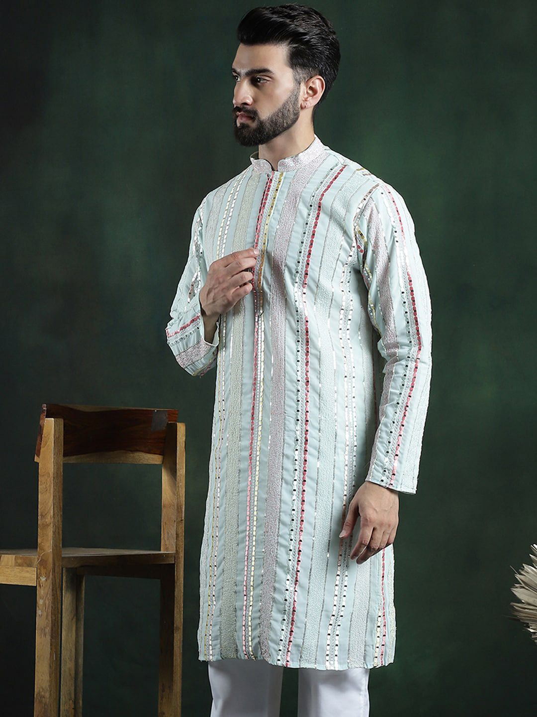 SOJANYA LUXE Striped Embroidered Mandarin Collar Thread Work Georgette Kurta