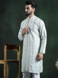 SOJANYA LUXE Striped Embroidered Mandarin Collar Thread Work Georgette Kurta