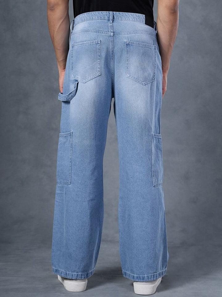 Bewakoof Men's Blue Baggy Cargo Carpenter Mid-Rise Jeans