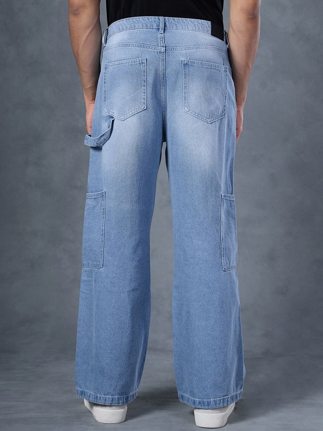 Bewakoof Men's Blue Baggy Cargo Carpenter Mid-Rise Jeans