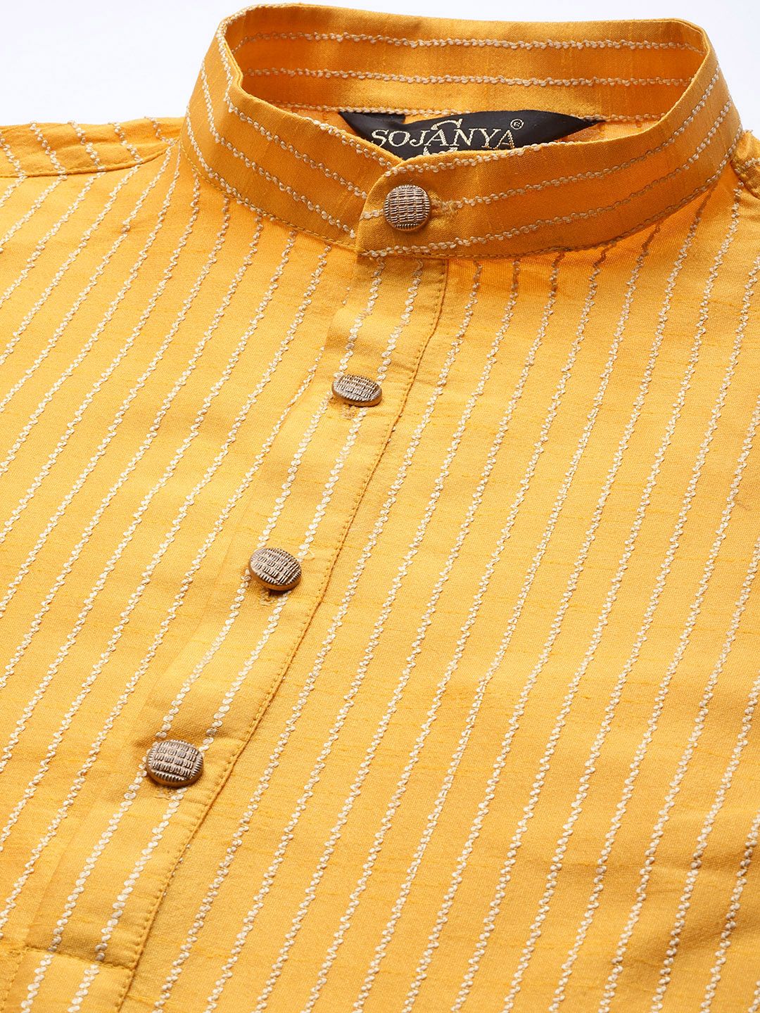 SOJANYA Men Mustard Yellow & Beige Striped Thread Work Straight Kurta Churidar NehruJacket