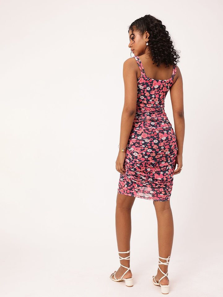 DressBerry Floral Frenzy Printed Ruched Soft Net Bodycon Dress