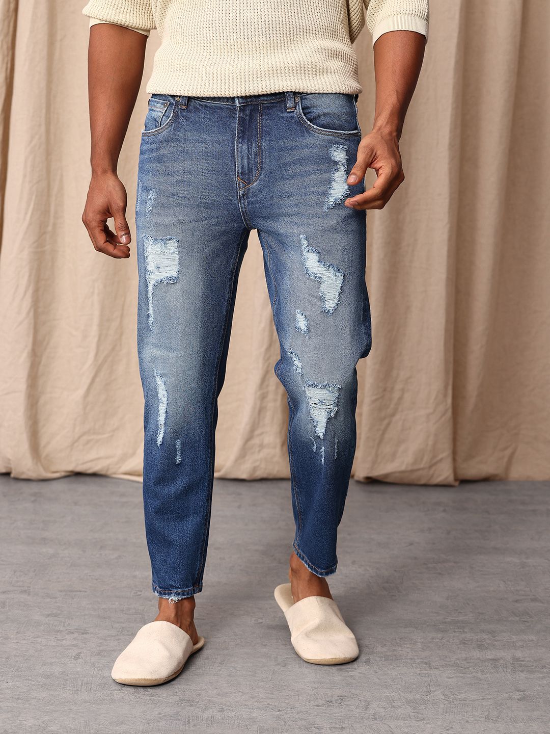 Mr Bowerbird Men Cropped Tapered Fit Mildly Distressed Heavy Fade Printed Jeans