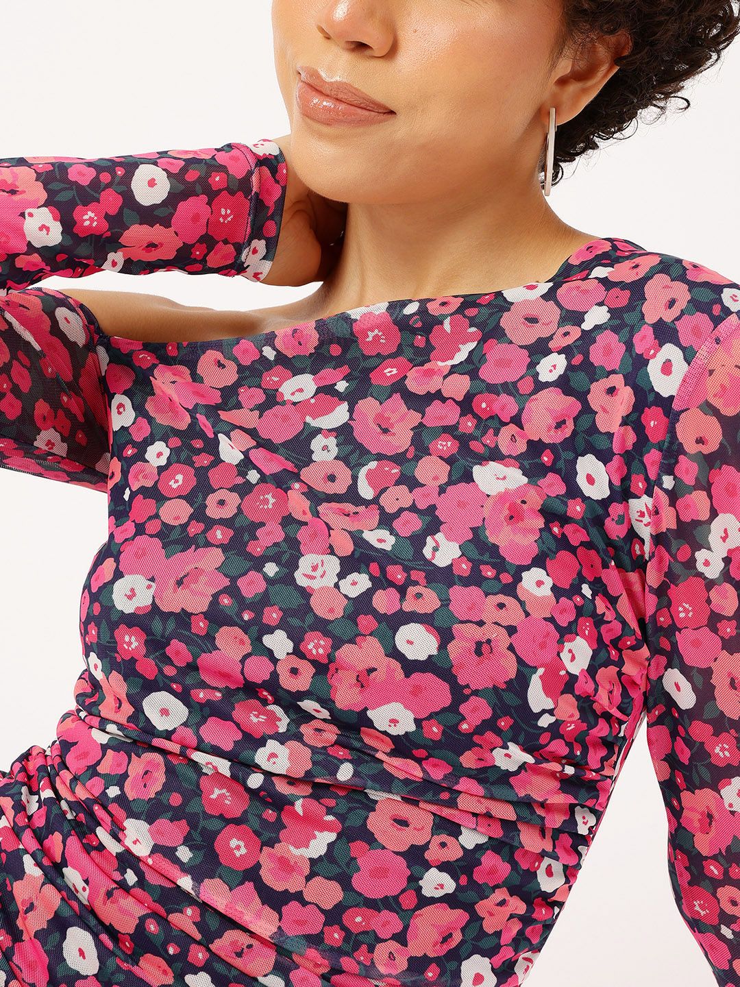 DressBerry Floral Frenzy Printed One Shoulder Net Sheath Dress