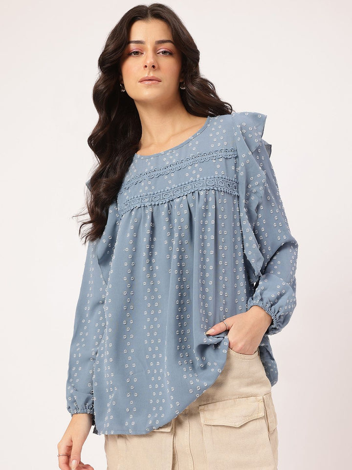 DressBerry Cozy Kawaii Dobby Weave Lace Inserts Ruffled Top