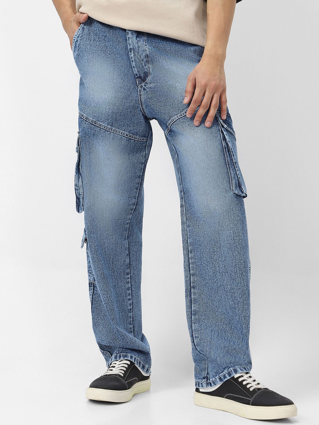 Urbano Fashion Men Loose Heavy Fade Loose Fit Cargo Jeans With 7 Pockets Non-Stretchable