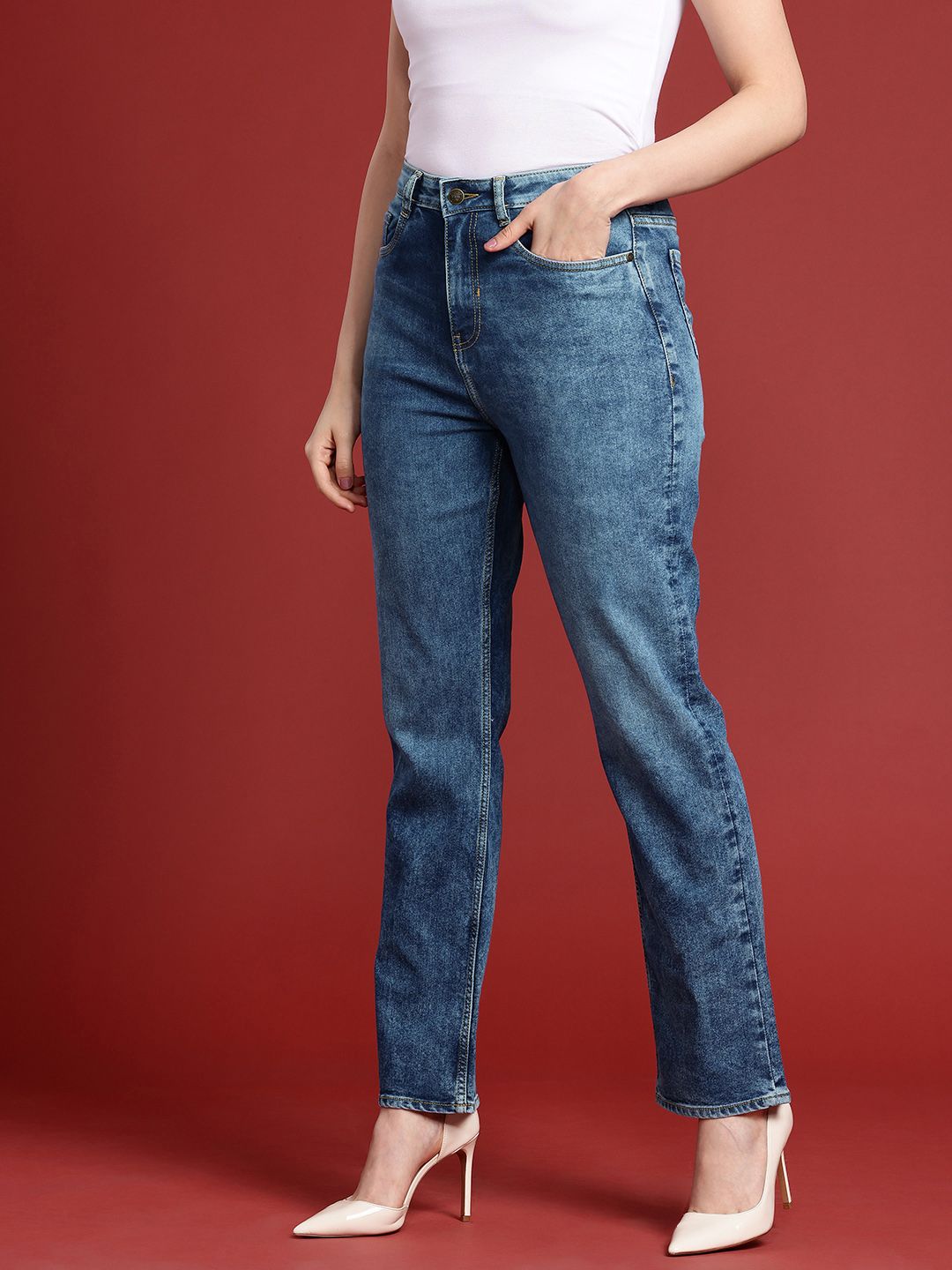 all about you Women Straight Fit High-Rise Heavy Fade Stretchable Jeans
