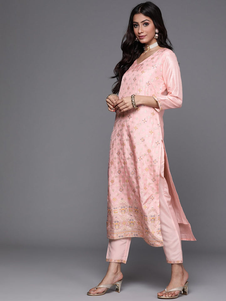 Libas Women Pink & Gold Zari Woven Design Straight Kurta with Trousers Dupatta