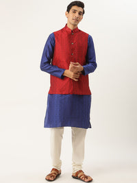 SOJANYA Kurta Tenun Jacquard Lelaki Biru & Putih Putih dengan Jaket Churidar & Nehru