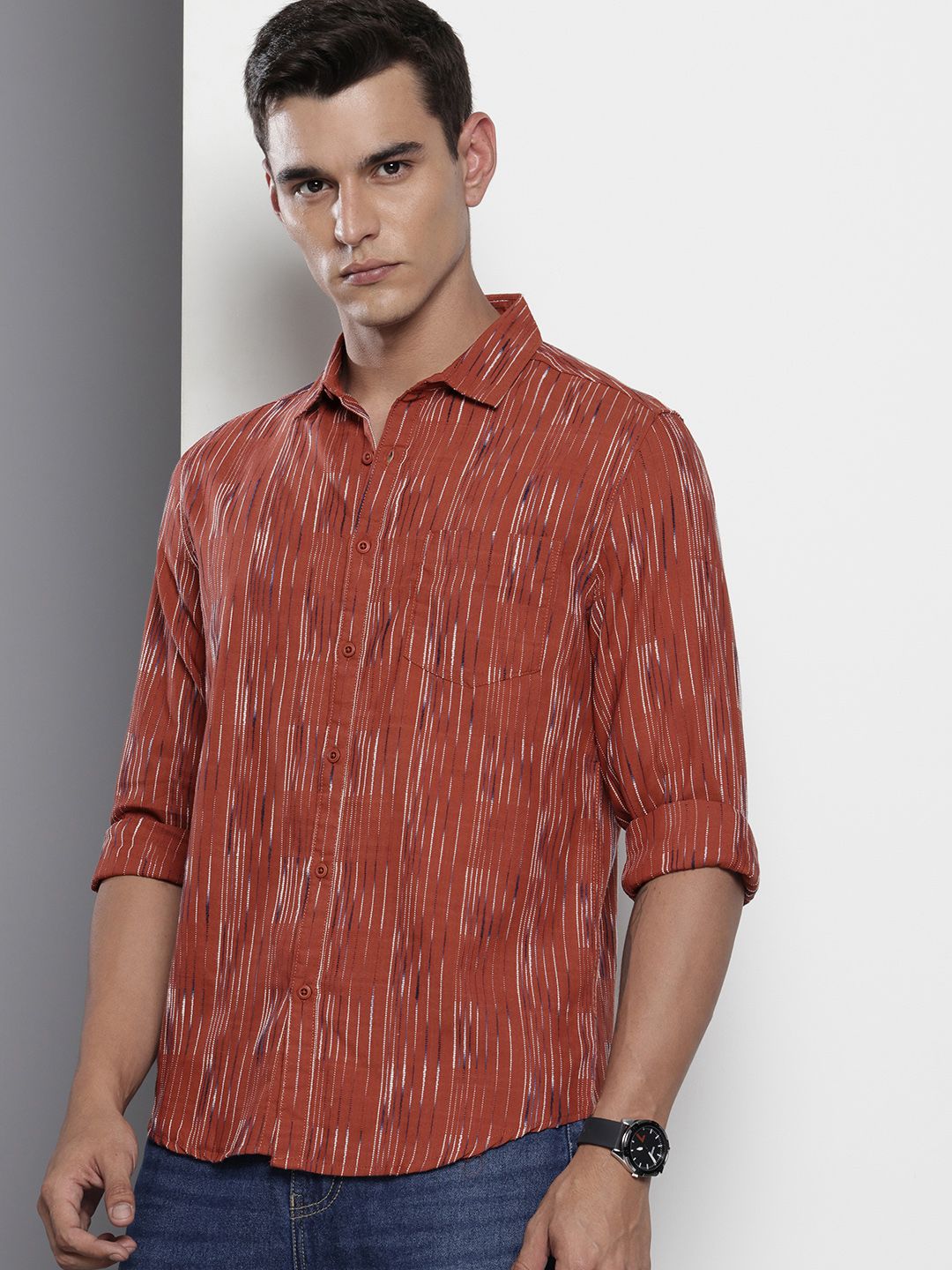 The Indian Garage Co Slim Fit Opaque Self Striped Casual Shirt