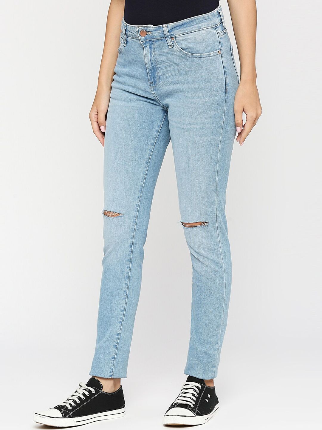 SPYKAR Women Mid-Rise Light Shade Light Fade Slash Knee Ripped Adora Non Stretchable Jeans - Skinny Fit