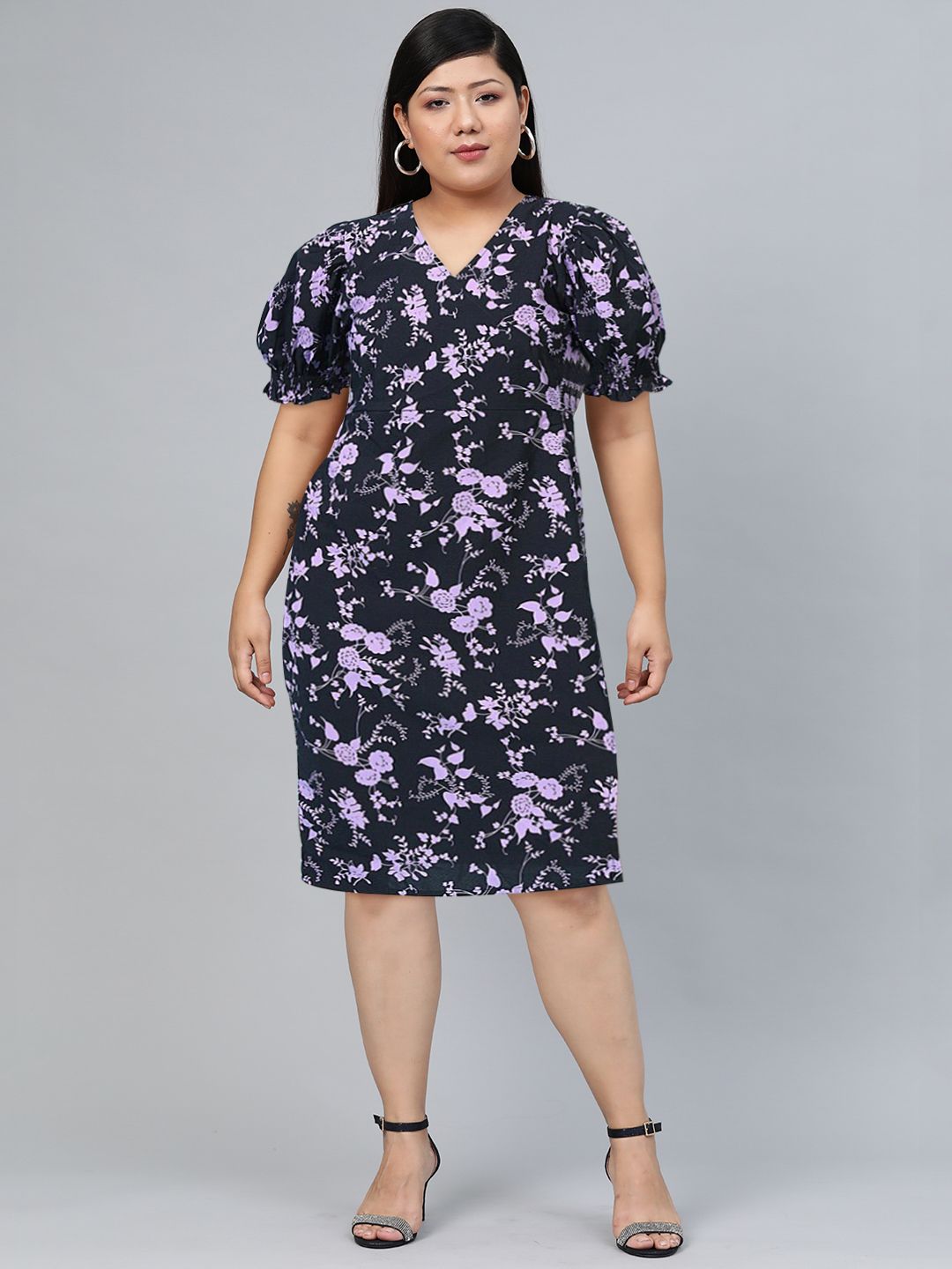 Tokyo Talkies Black & Violet Floral A-Line Midi Dress