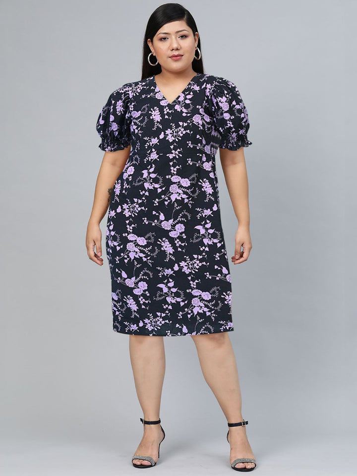 Tokyo Talkies Black & Violet Floral A-Line Midi Dress