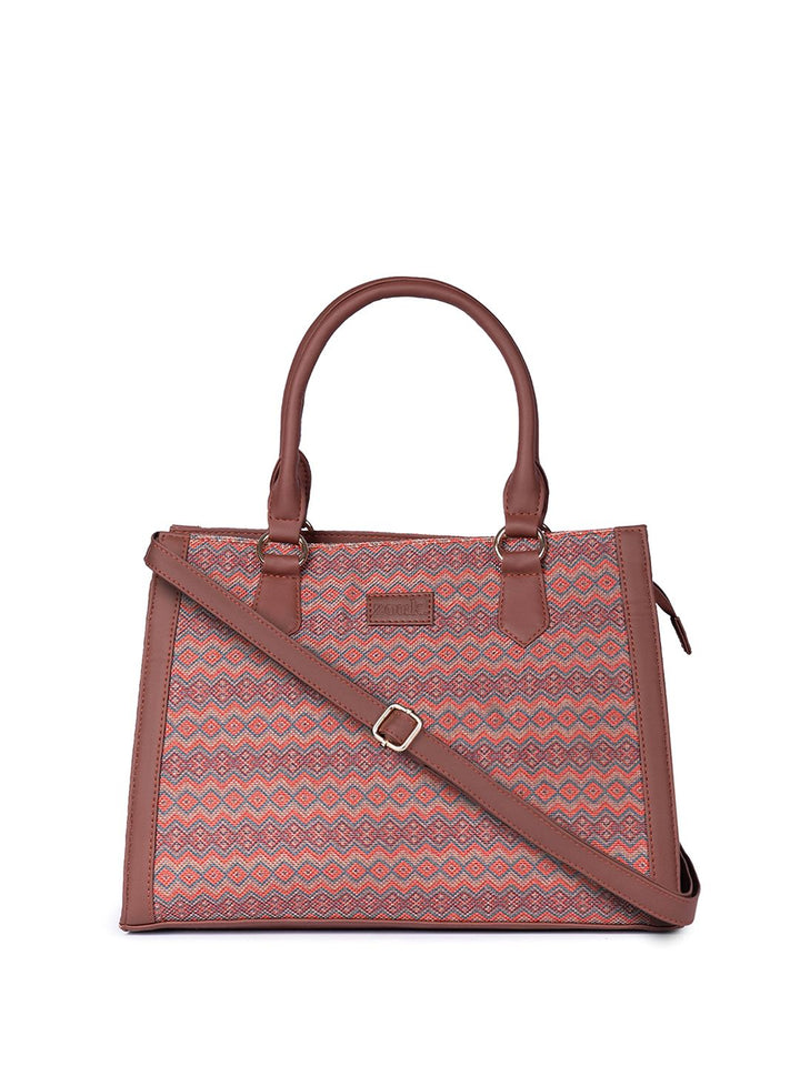 ZOUK Geometric Printed Structured Jute Handheld Bag