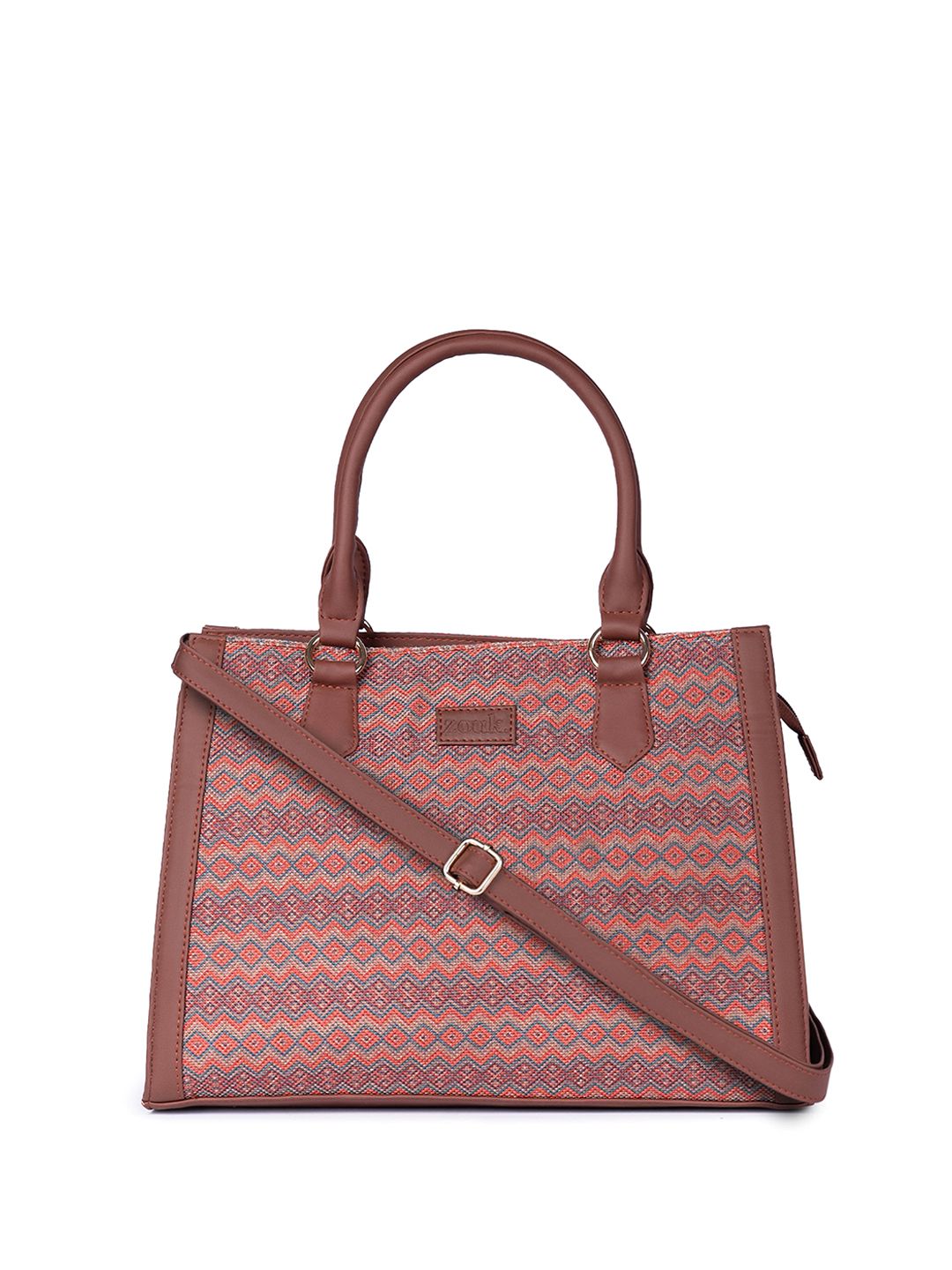 ZOUK Geometric Printed Structured Jute Handheld Bag