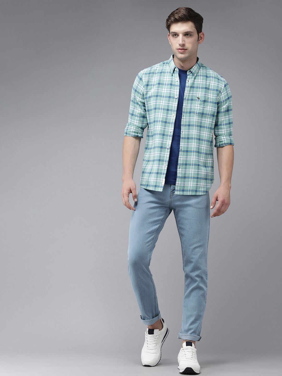 THE BEAR HOUSE Men Blue Slim Fit Tartan Checks Checked Casual Shirt