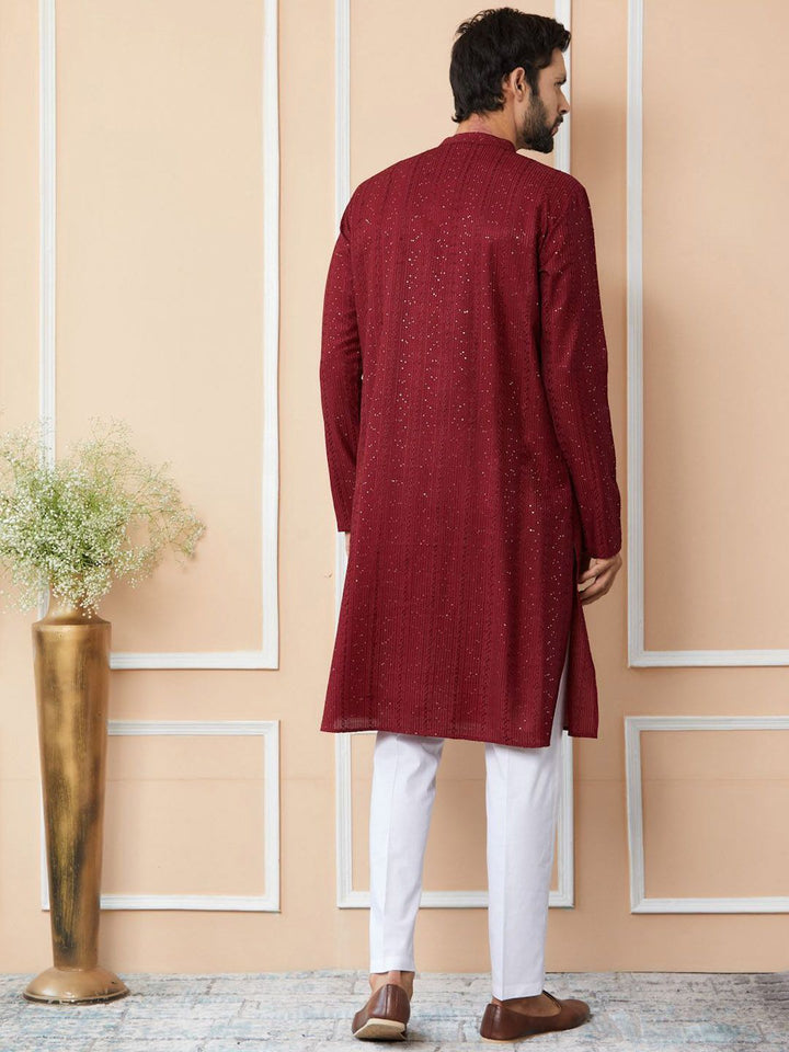 See Designs Mandarin Collar Long Sleeves Thread Work Chanderi Silk Straight Kurta