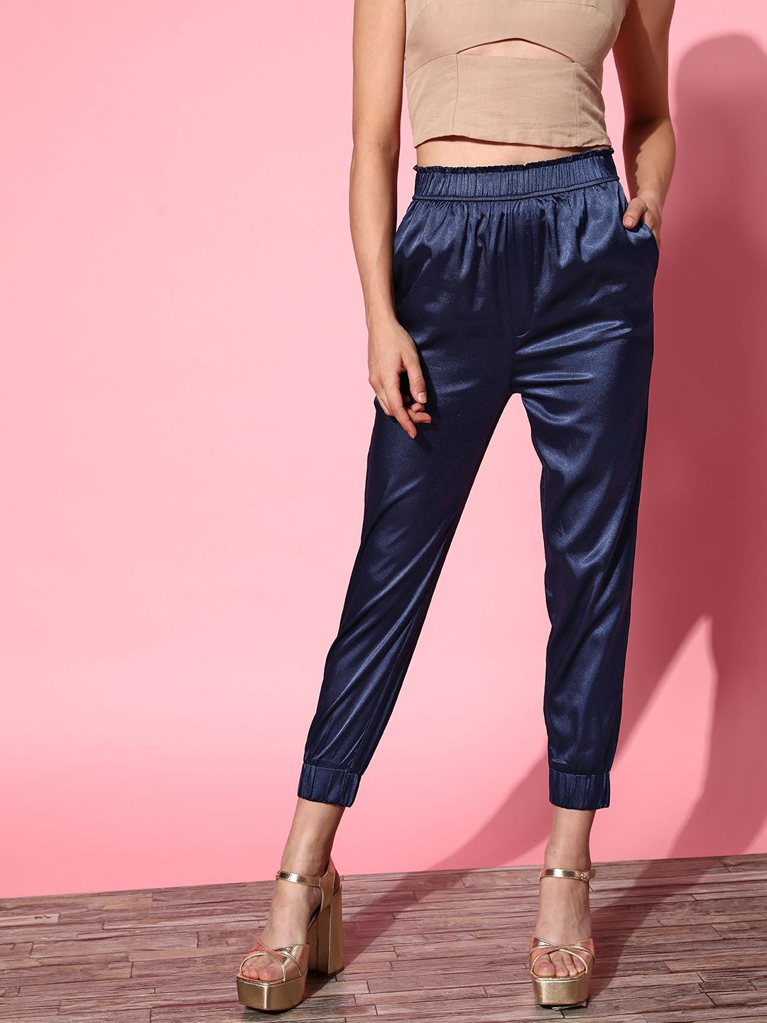 SASSAFRAS Women Attractive Navy Blue Solid Satin Trousers