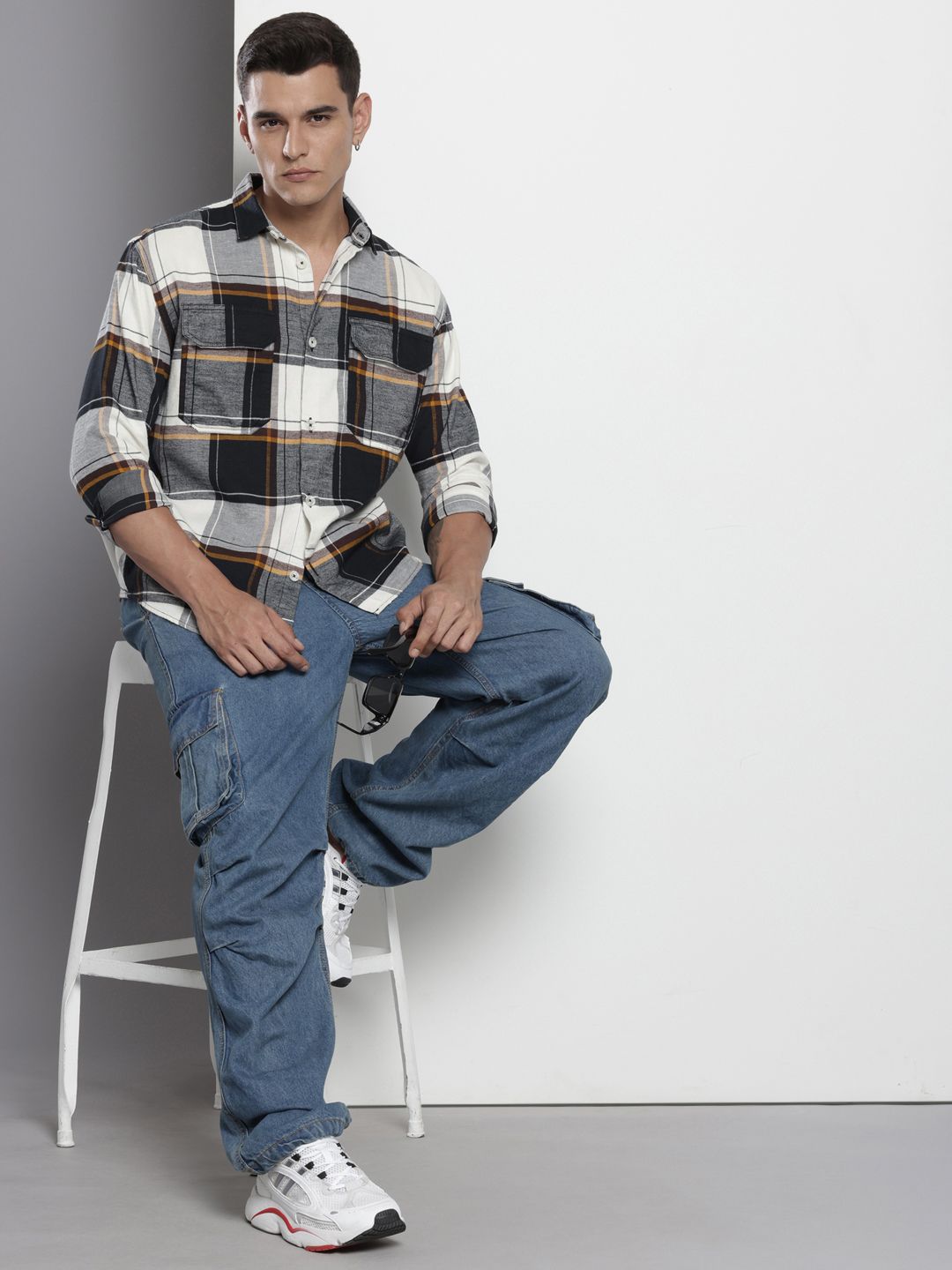 The Indian Garage Co Pure Cotton Checked Drop-Shoulder Sleeves Relaxed Fit Casual Shirt