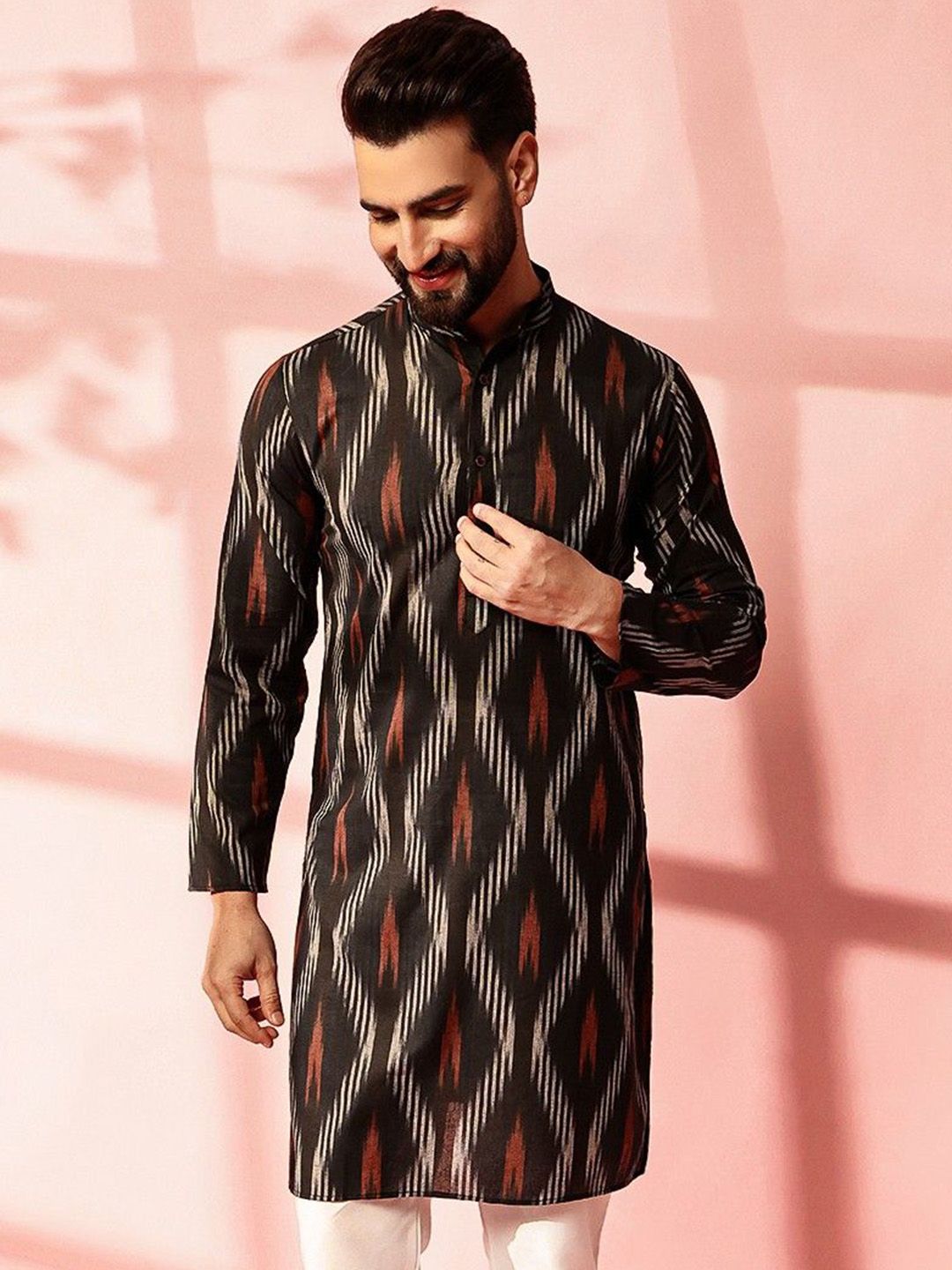 Anouk Abstract Printed Band Collar Teknik Ikat Cotton Linen Kurta Lurus