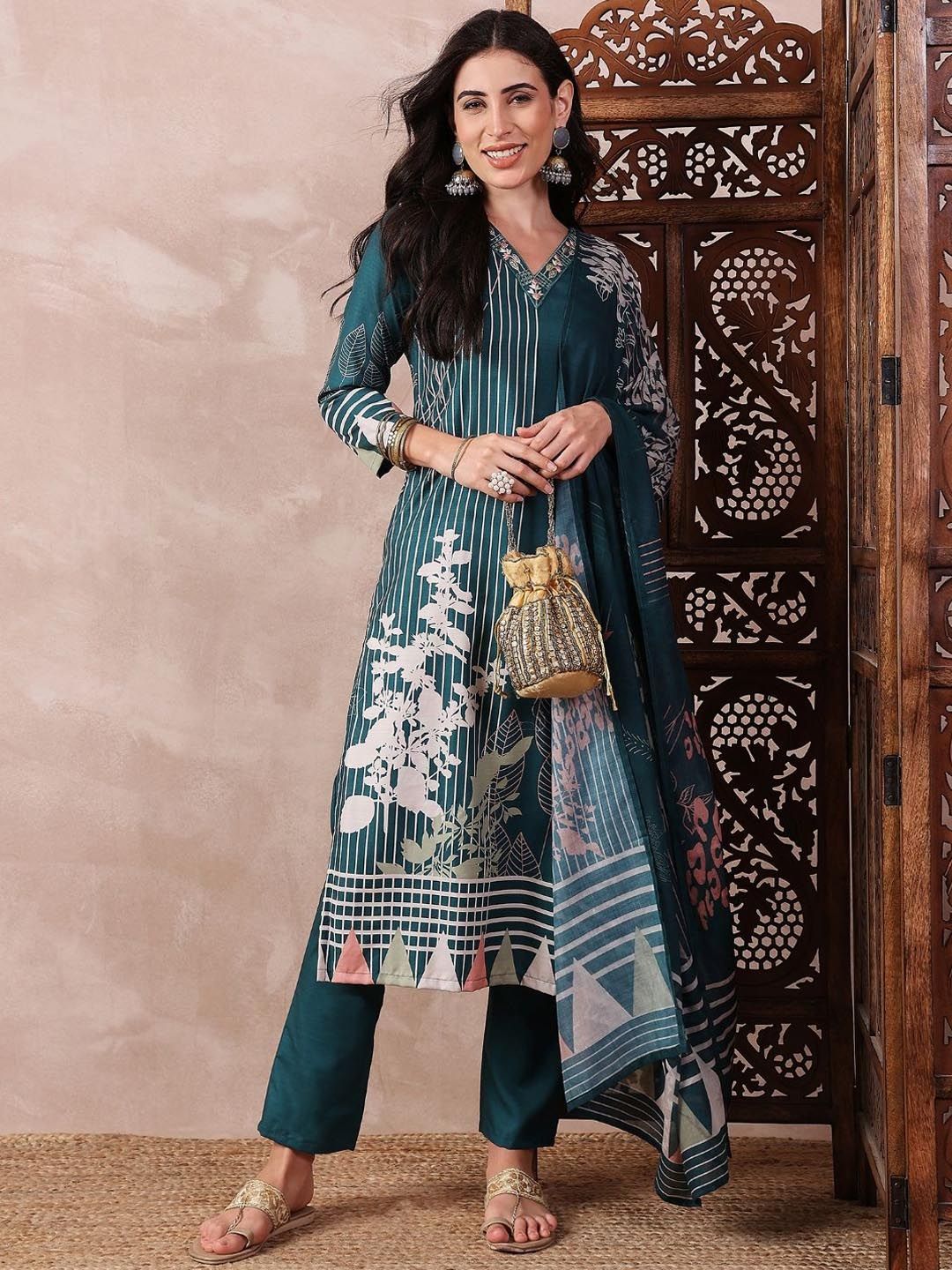 KALINI Abstract Printed Thread Work Straight Kurta with Trousers & Dupatta