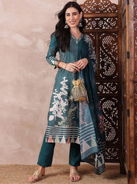 KALINI Abstract Printed Thread Work Straight Kurta with Trousers & Dupatta