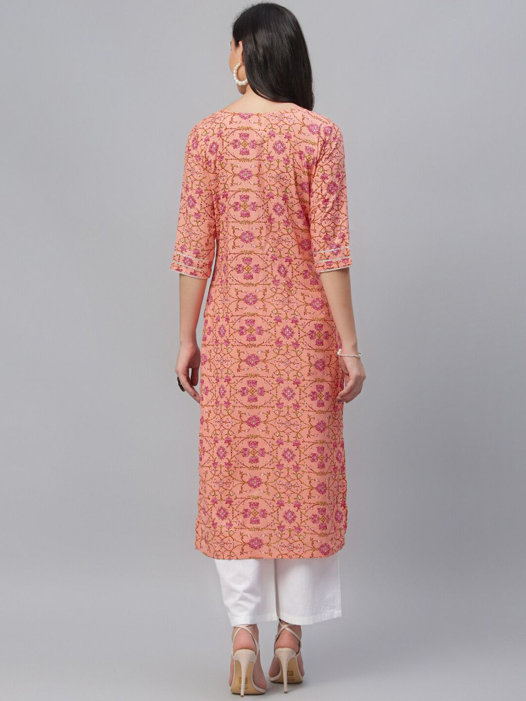 Libas Women Peach & Pink Floral Print Straight Kurta