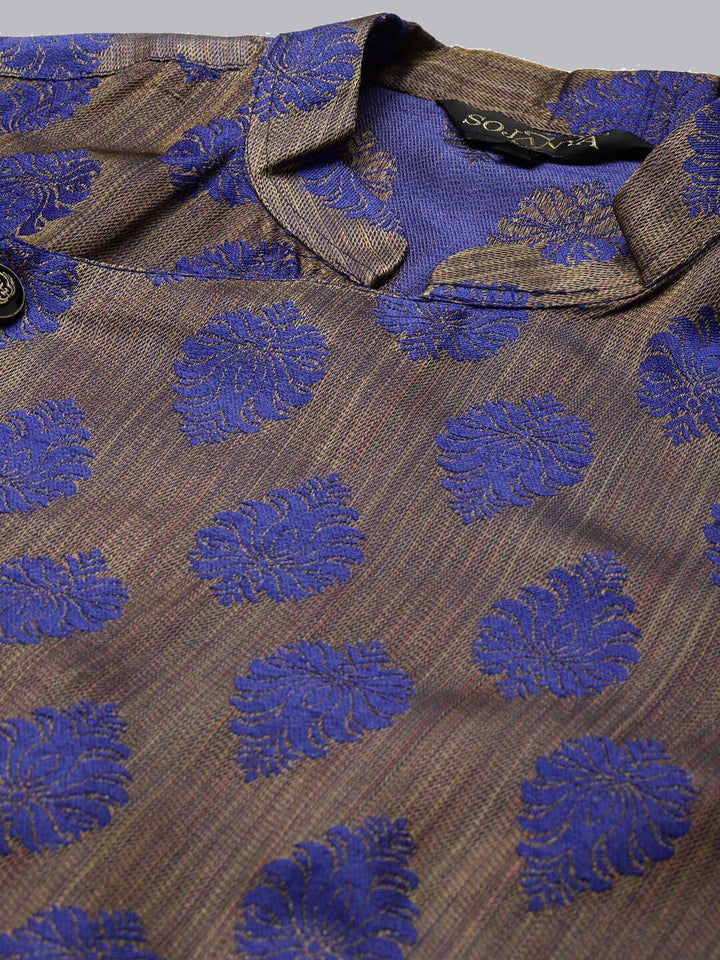 SOJANYA Woven Design Mandarin Collar Silk Cotton Angrakha Kurta
