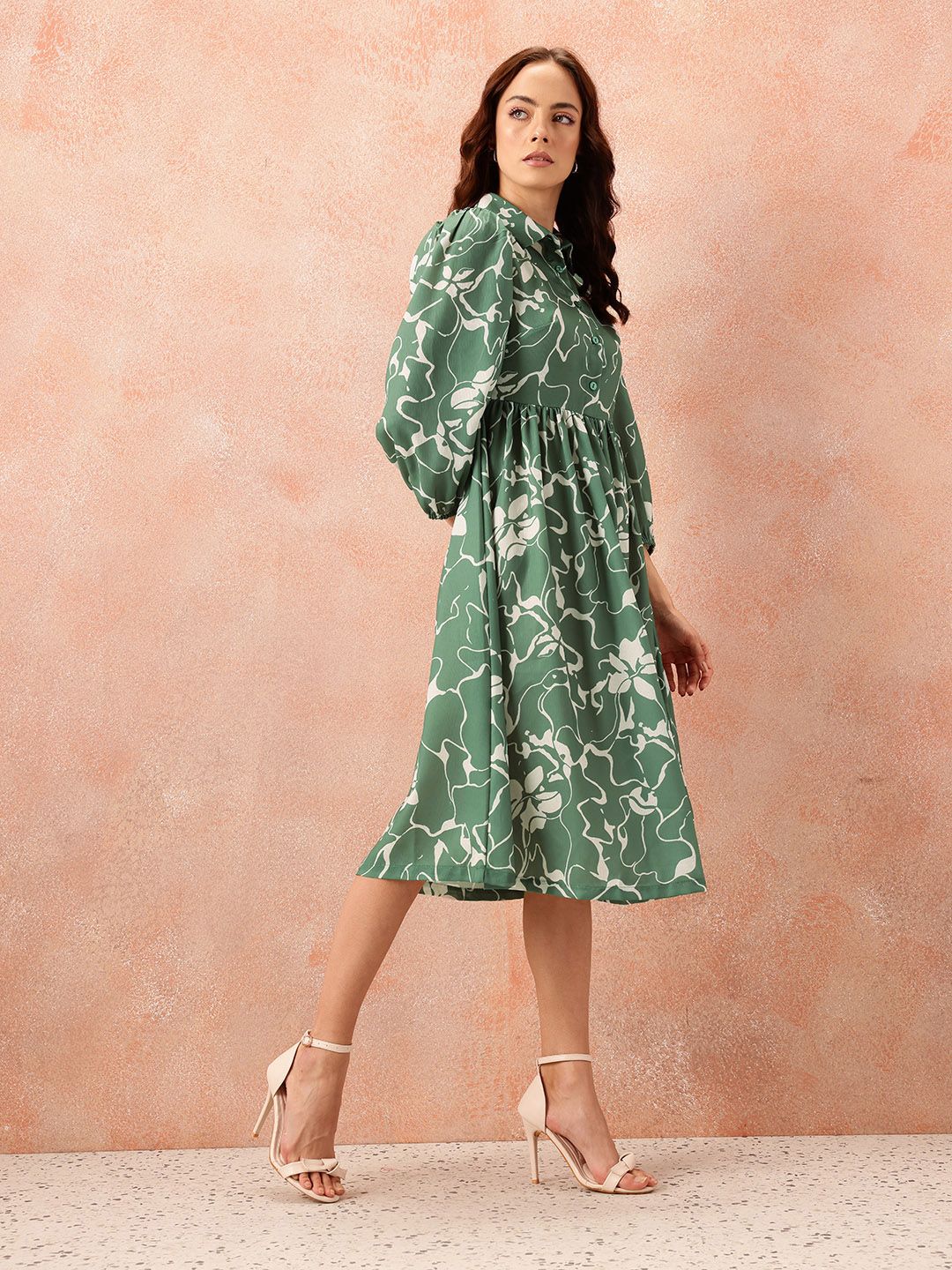 all about you Floral Print Puff Sleeve Shirt Style Formal Dress