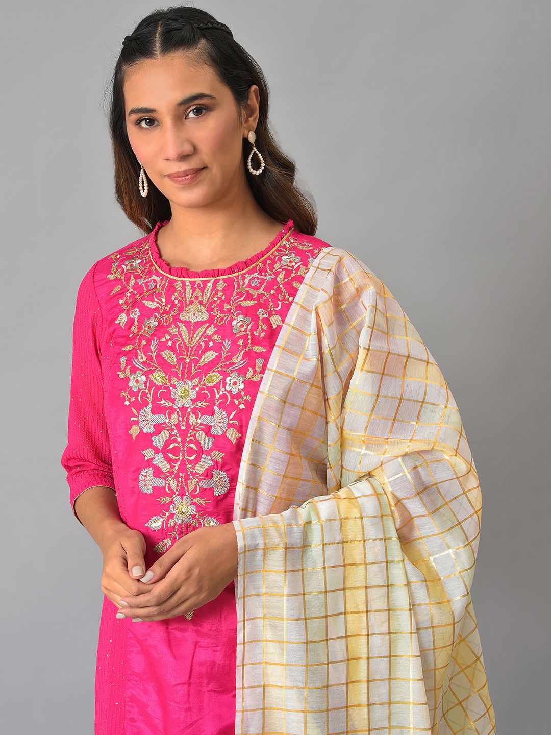 AURELIA Floral Embroidered Zari Kurta with Trousers & Dupatta