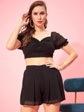 Berrylush Black Sweetheart Neck Self Design Crop Top With Shorts Co-Ords