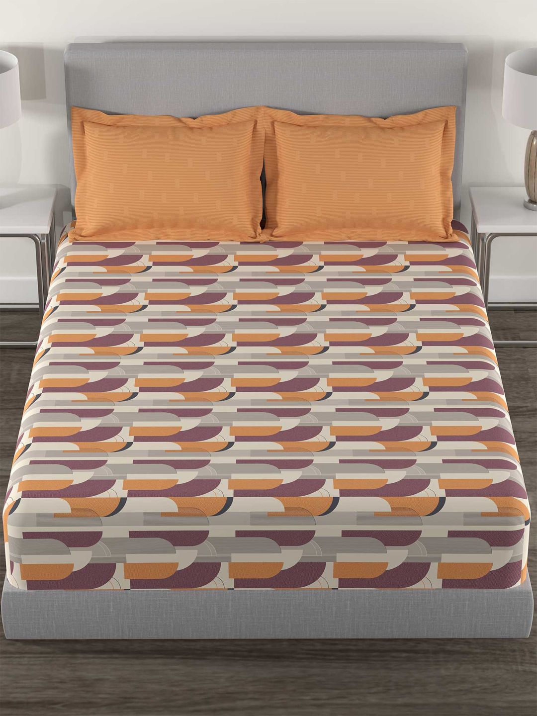 TRIDENT Charleen Orange Flat 144TC Queen Cotton Bedsheet Set