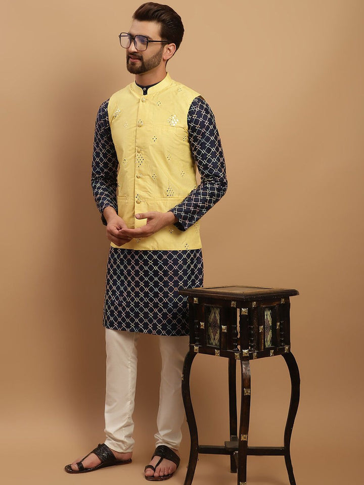 SOJANYA Geometric Embroidered Regular Kurta with Churidar & Embellished Nehru Jacket